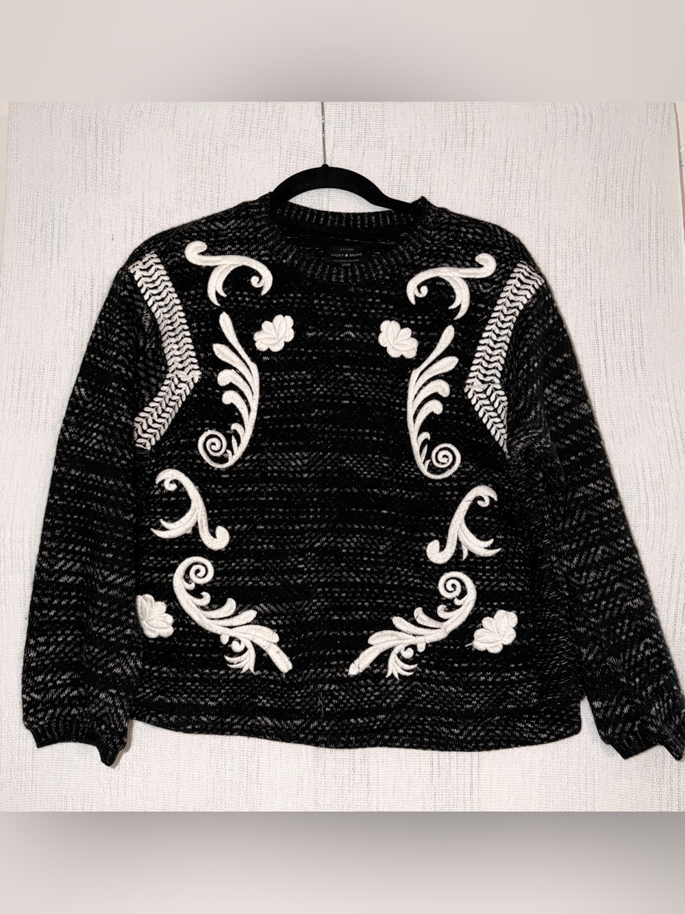 Lucky Brand Embroidered Sweater Boho Cottagecore Floral Scroll Knit - XS